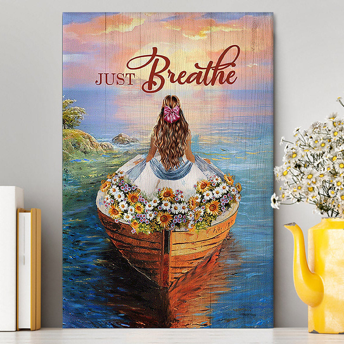 Just Breathe Boat Flower Elegant Girl Sunset Canvas Wall Art - Christian Canvas Prints - Bible Verse Canvas Art