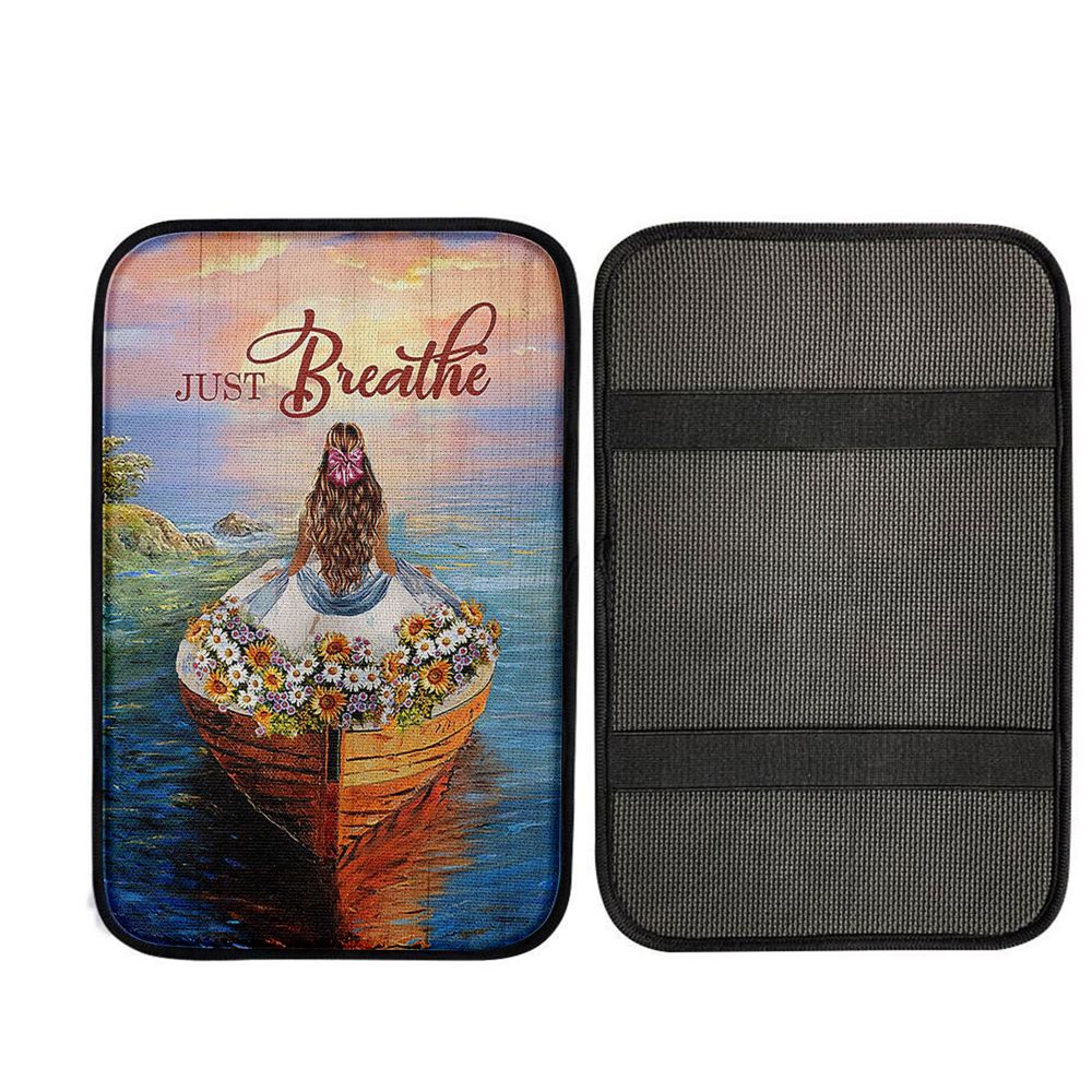Just Breathe Boat Flower Elegant Girl Sunset Car Center Console Cover, Christian Car Armrest Accessories
