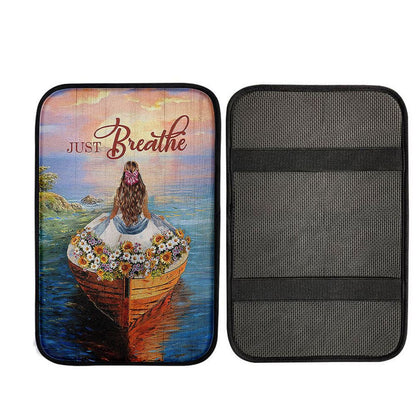 Just Breathe Boat Flower Elegant Girl Sunset Car Center Console Cover, Christian Car Armrest Accessories