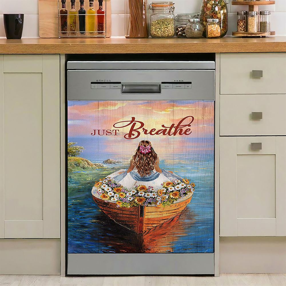 Just Breathe Boat Flower Elegant Girl Sunset Dishwasher Cover, Christian Dishwasher Wrap, Bible Verse Kitchen Decoration
