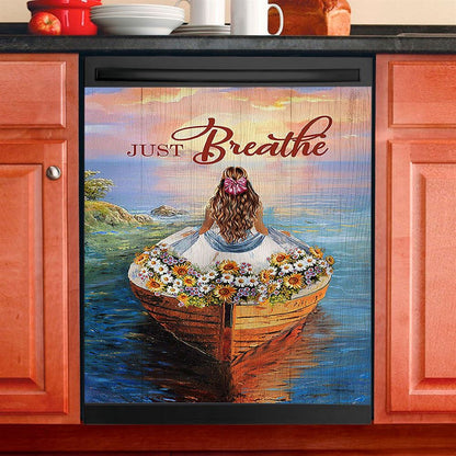 Just Breathe Boat Flower Elegant Girl Sunset Dishwasher Cover, Christian Dishwasher Wrap, Bible Verse Kitchen Decoration