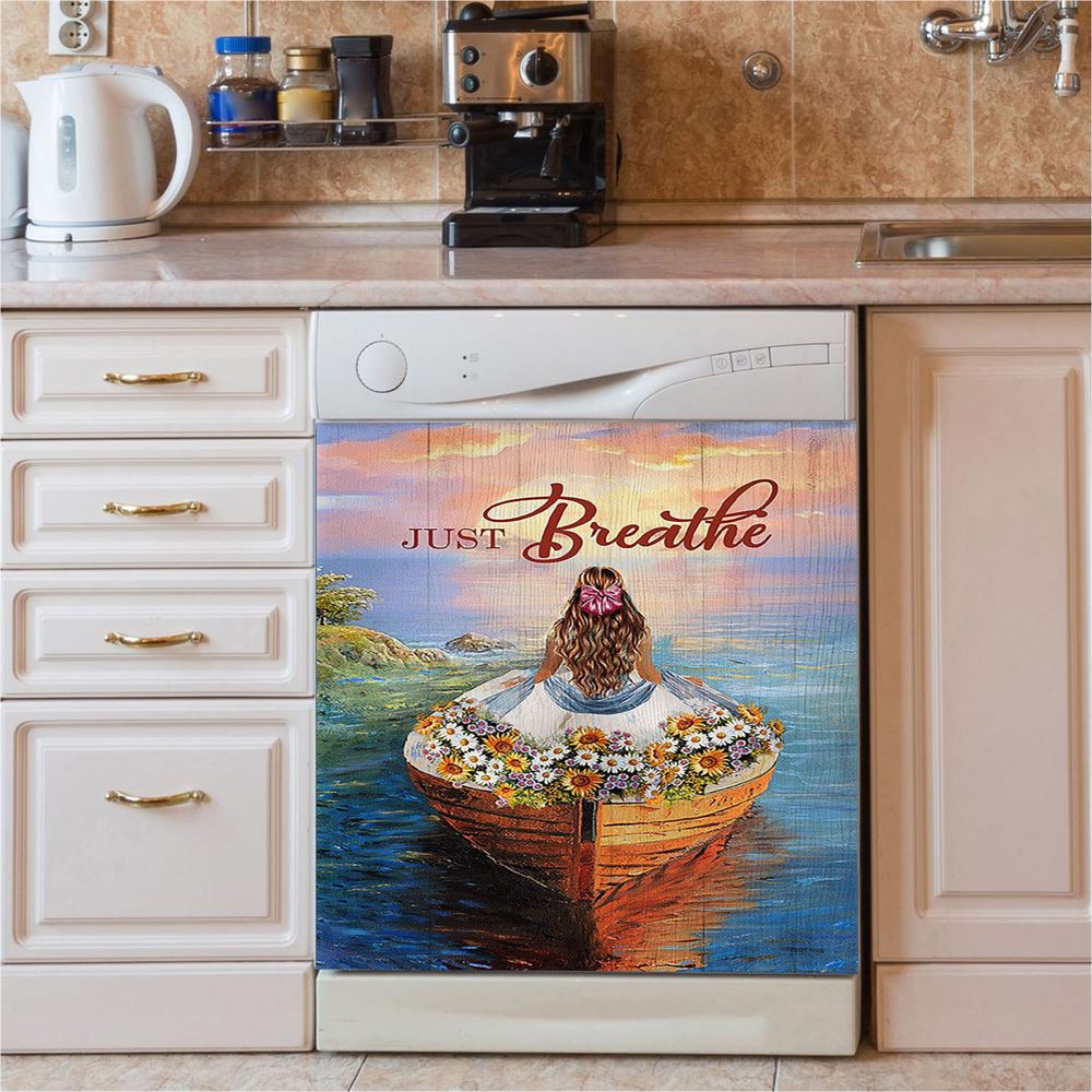 Just Breathe Boat Flower Elegant Girl Sunset Dishwasher Cover, Christian Dishwasher Wrap, Bible Verse Kitchen Decoration