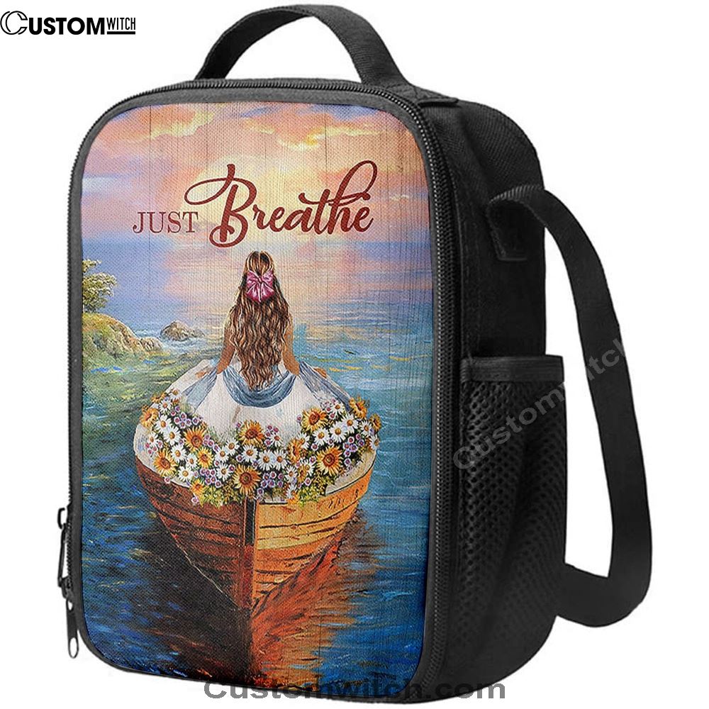 Just Breathe Boat Flower Elegant Girl Sunset Lunch Bag, Christian Lunch Box For School, Picnic