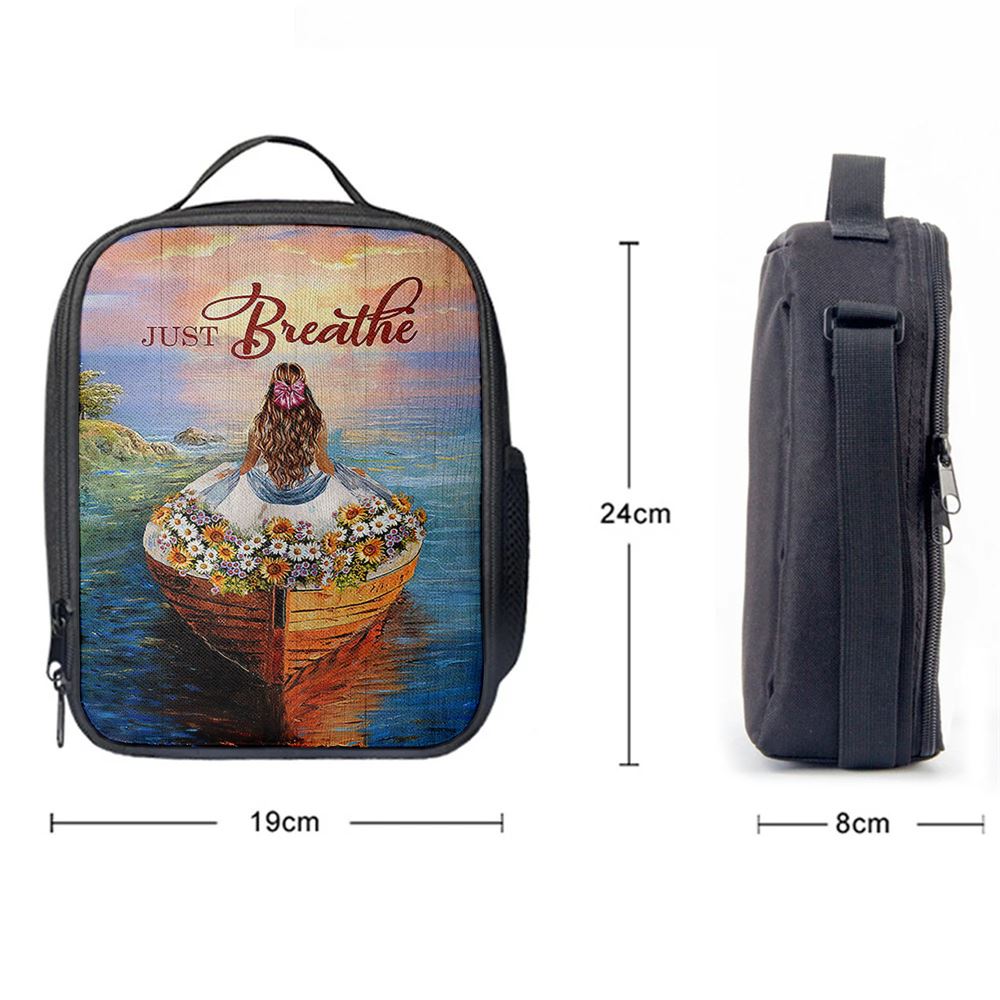 Just Breathe Boat Flower Elegant Girl Sunset Lunch Bag, Christian Lunch Box For School, Picnic