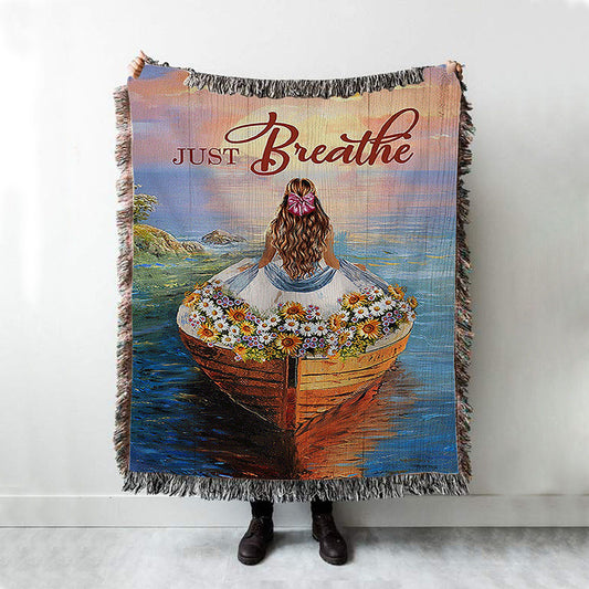 Just Breathe Boat Flower Elegant Girl Sunset Woven Throw Blanket - Christian Woven Blanket Prints - Bible Verse Woven Blanket Art