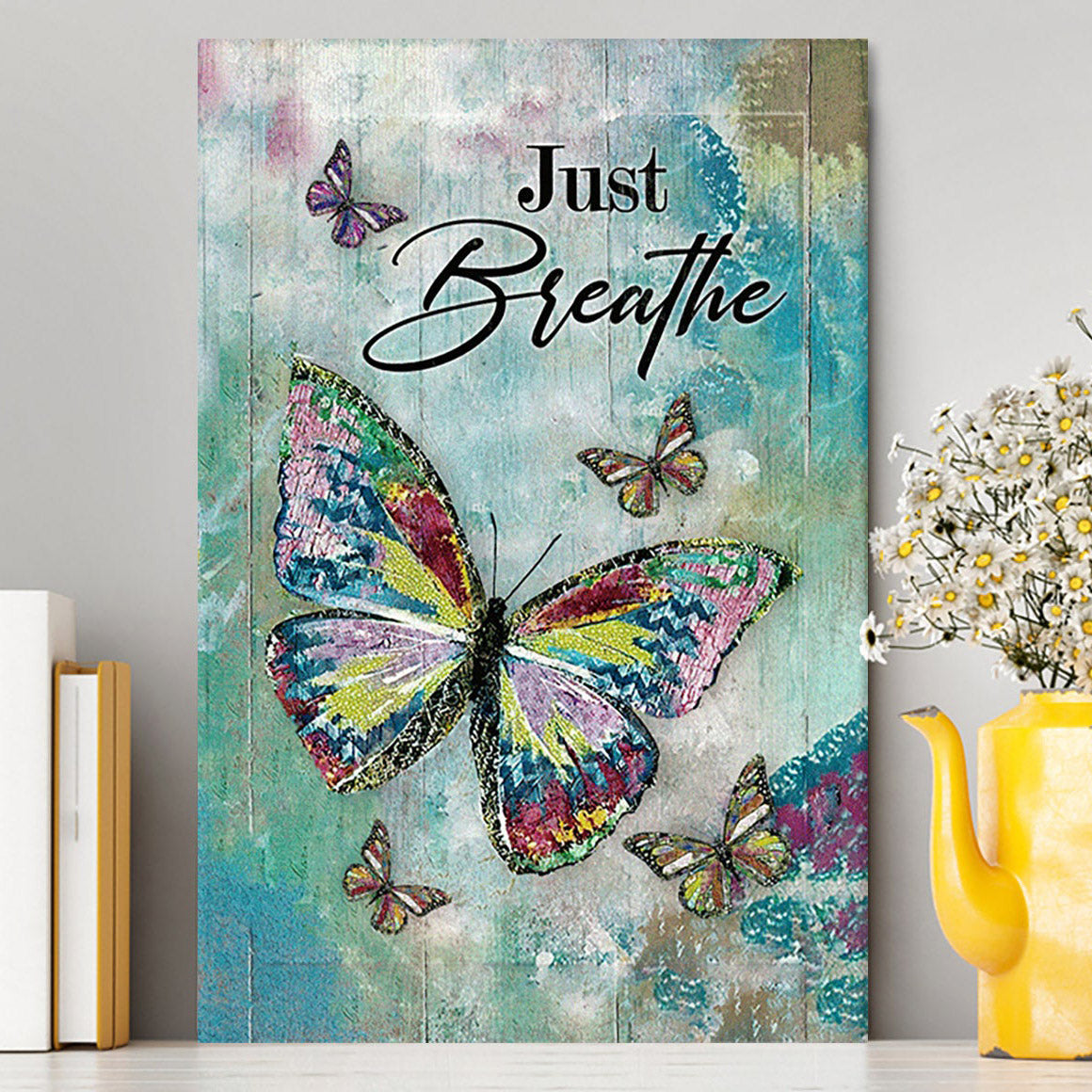 Just Breathe Brilliant Butterfly Canvas Wall Art - Bible Verse Canvas Art - Inspirational Art - Christian Home Decor
