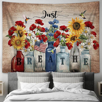 Just Breathe Brilliant Flower Garden Us Flag Hummingbird Tapestry Wall Art - Bible Verse Tapestry - Religious Tapestry Wall Hanging