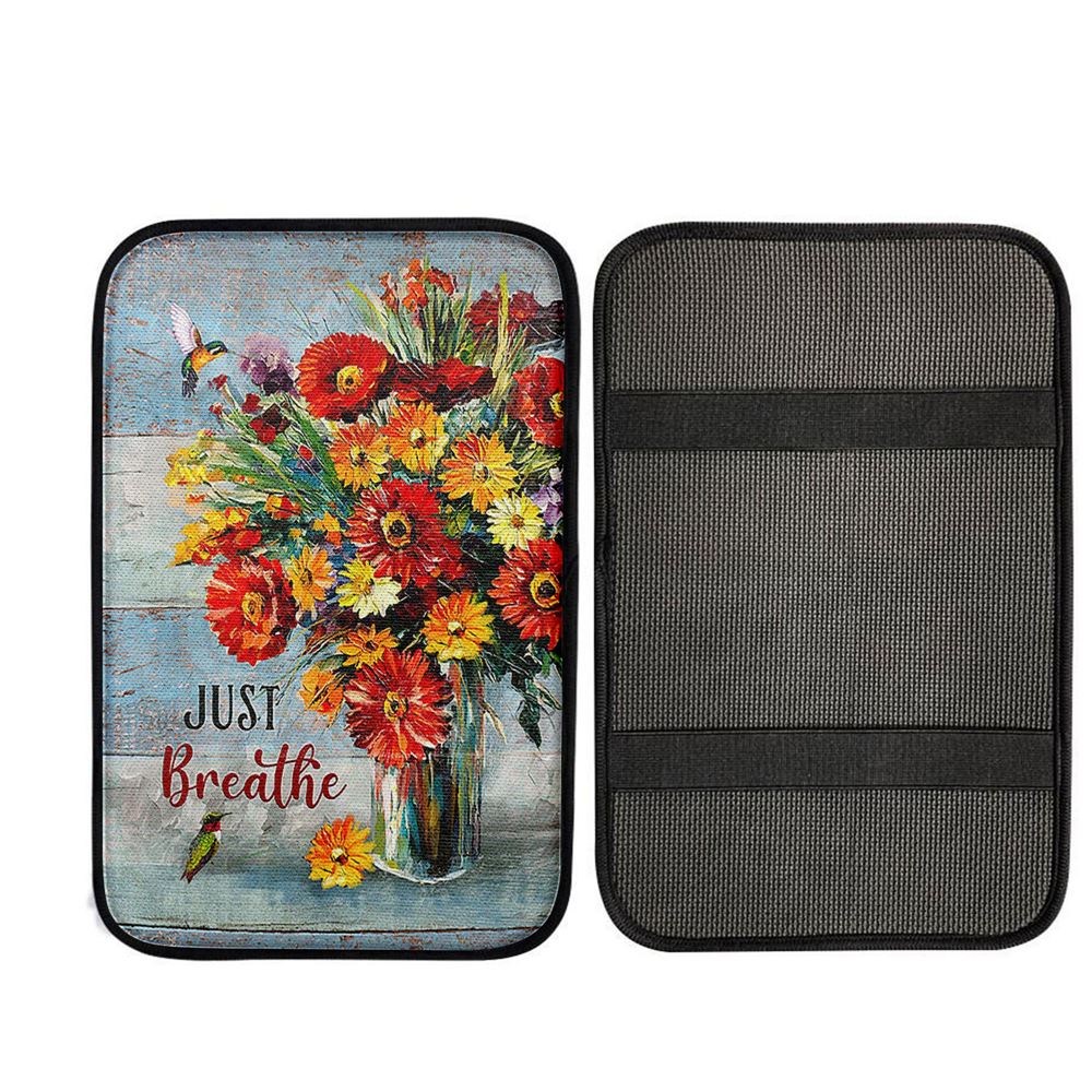 Just Breathe Brilliant Flower Hummingbird Car Armrest Pad - Bible Verse Car Armrest Pad, Christian Car Armrest Accessories