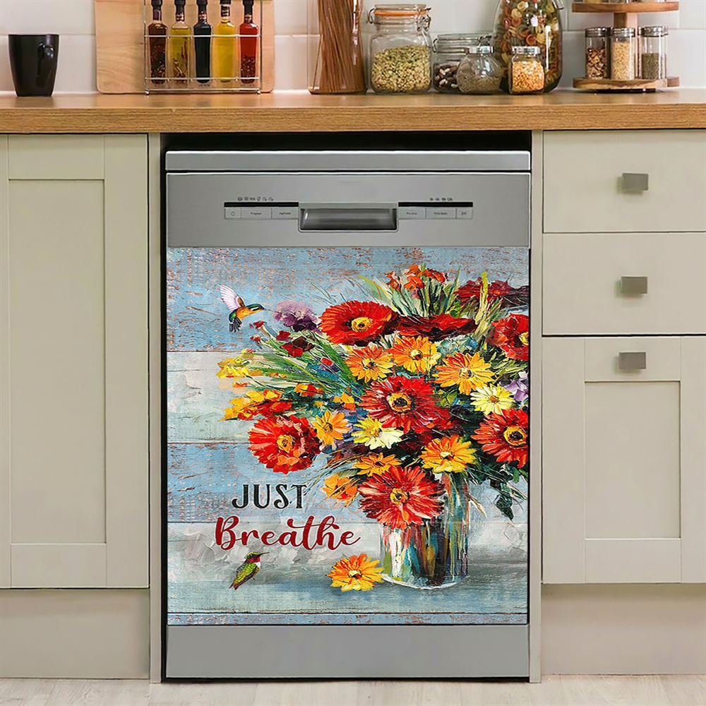Just Breathe Brilliant Flower Hummingbird Dishwasher Cover, Christian Dishwasher Wrap, Religious Kitchen Decoration