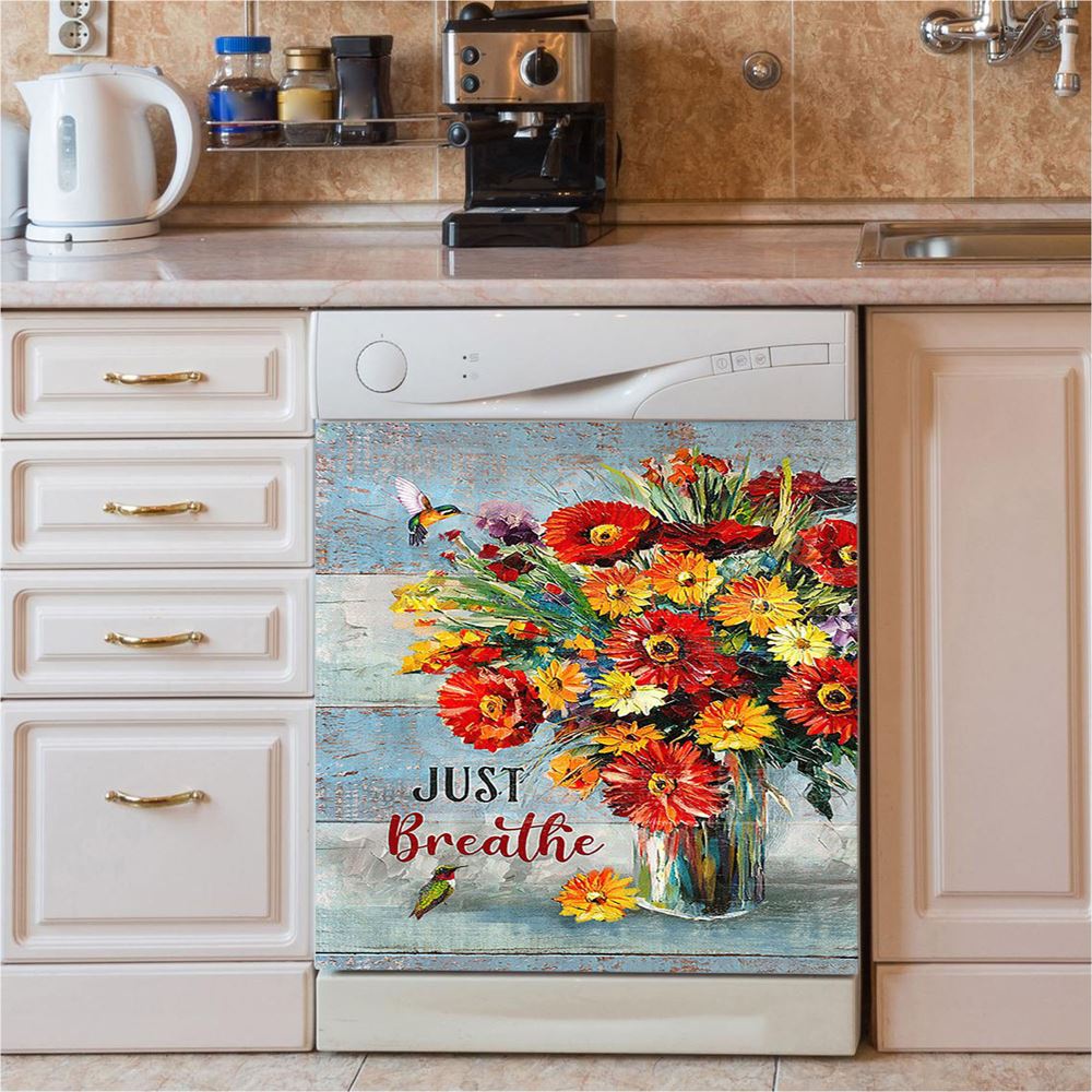 Just Breathe Brilliant Flower Hummingbird Dishwasher Cover, Christian Dishwasher Wrap, Religious Kitchen Decoration