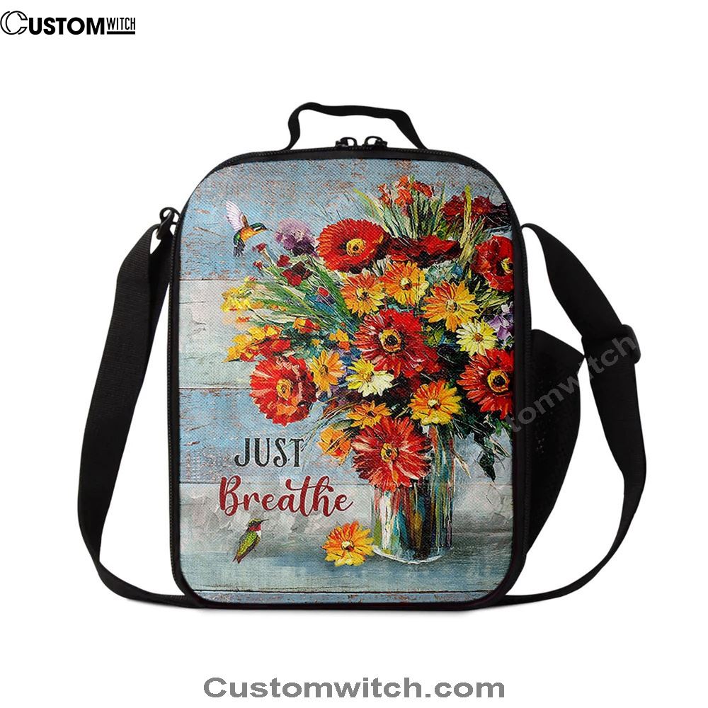 Just Breathe Brilliant Flower Hummingbird Lunch Bag - Religious Lunch Bag, Christian Lunch Box For School, Picnic