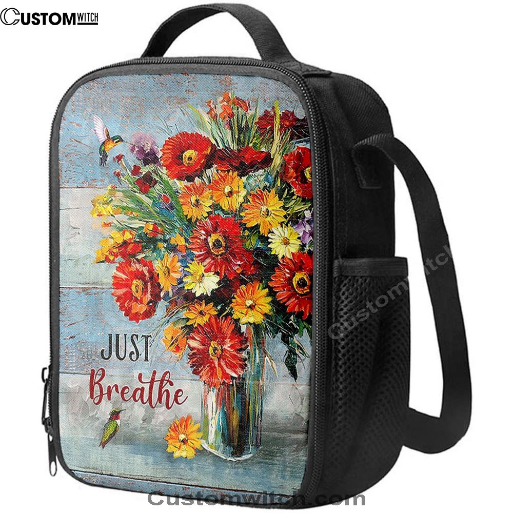 Just Breathe Brilliant Flower Hummingbird Lunch Bag - Religious Lunch Bag, Christian Lunch Box For School, Picnic