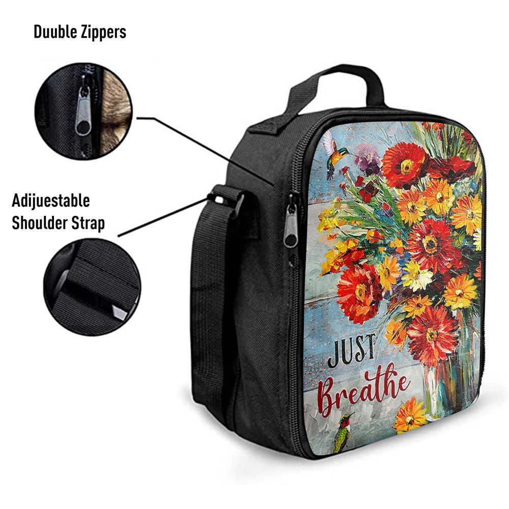 Just Breathe Brilliant Flower Hummingbird Lunch Bag, Christian Lunch Box For School, Picnic