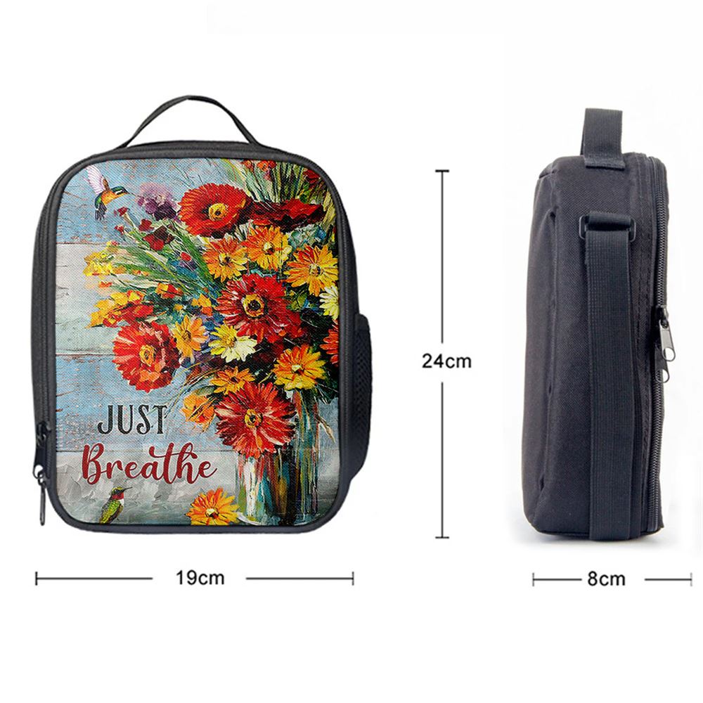 Just Breathe Brilliant Flower Hummingbird Lunch Bag, Christian Lunch Box For School, Picnic