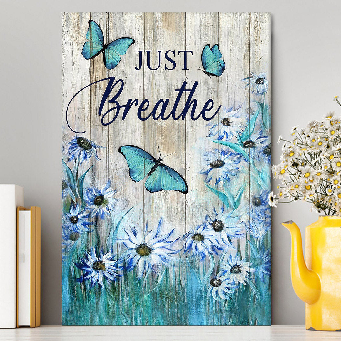 Just Breathe Butterfly Blue Flower Garden Canvas Art - Christian Art - Bible Verse Wall Art - Religious Home Decor
