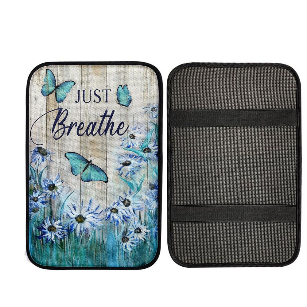 Just Breathe Butterfly Blue Flower Garden Car Center Console Cover, Christian Car Armrest Accessories