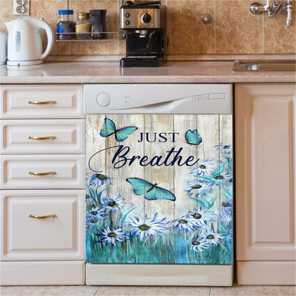 Just Breathe Butterfly Blue Flower Garden Dishwasher Cover, Christian Dishwasher Wrap, Bible Verse Kitchen Decoration