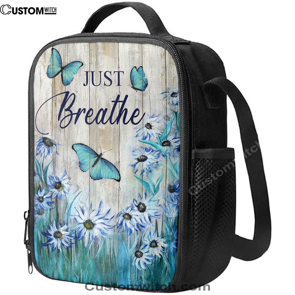 Just Breathe Butterfly Blue Flower Garden Lunch Bag, Christian Lunch Box For School, Picnic