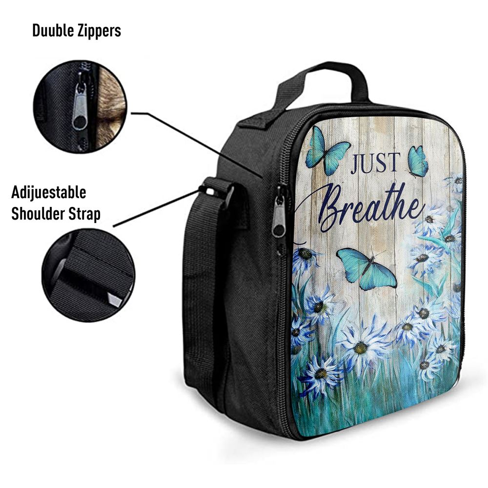Just Breathe Butterfly Blue Flower Garden Lunch Bag, Christian Lunch Box For School, Picnic