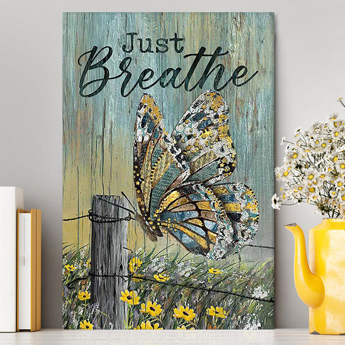 Just Breathe Butterfly Yellow Daisy Canvas Wall Art - Christian Canvas Prints - Bible Verse Canvas Art
