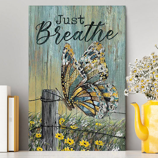 Just Breathe Butterfly Yellow Daisy Canvas Wall Art - Christian Canvas Prints - Bible Verse Canvas Art