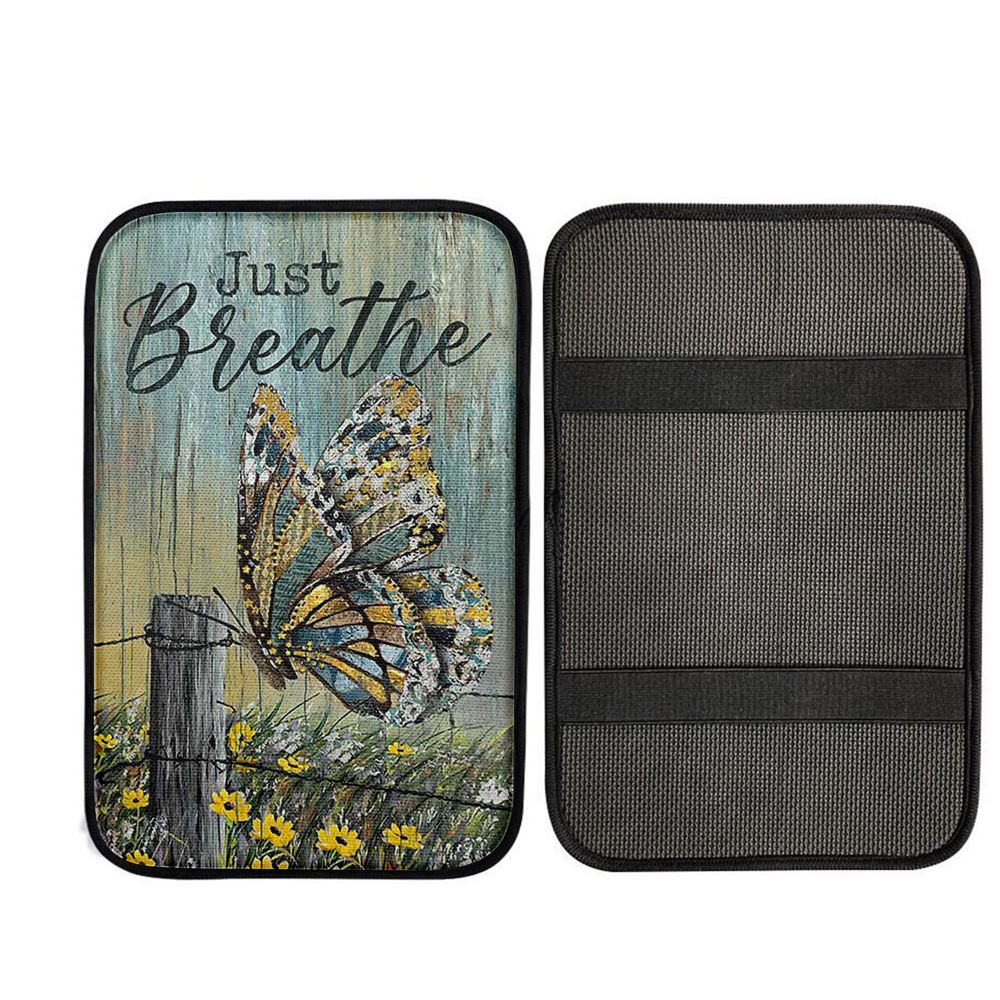 Just Breathe Butterfly Yellow Daisy Car Center Console Cover, Christian Car Armrest Accessories
