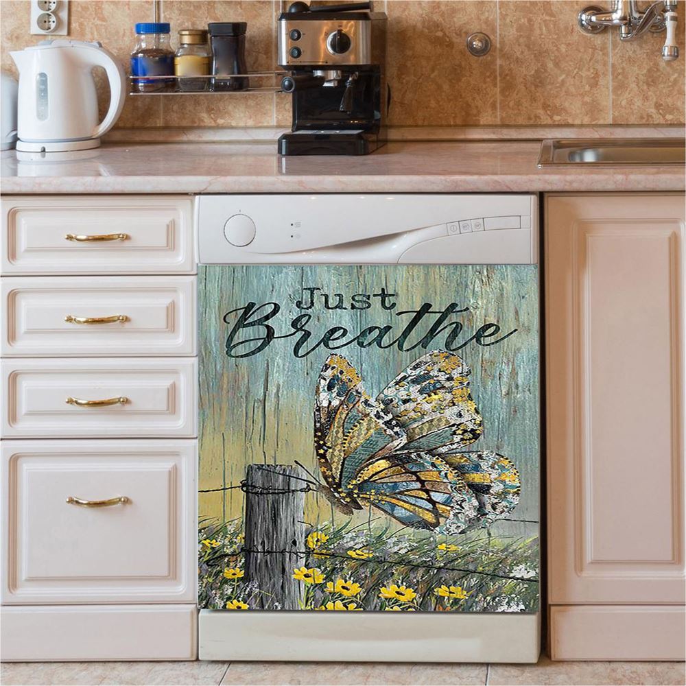 Just Breathe Butterfly Yellow Daisy Dishwasher Cover, Christian Dishwasher Wrap, Bible Verse Kitchen Decoration