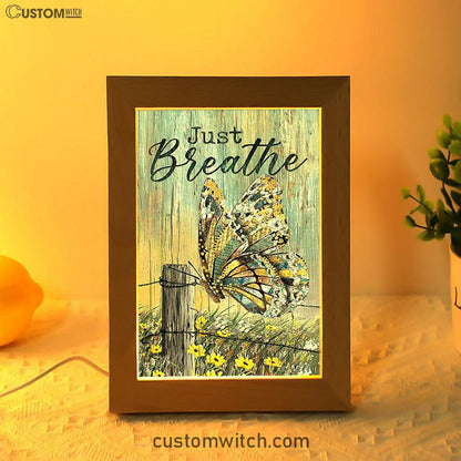 Just Breathe Butterfly Yellow Daisy Frame Lamp Art - Christian Night Light - Bible Verse Wooden Lamp