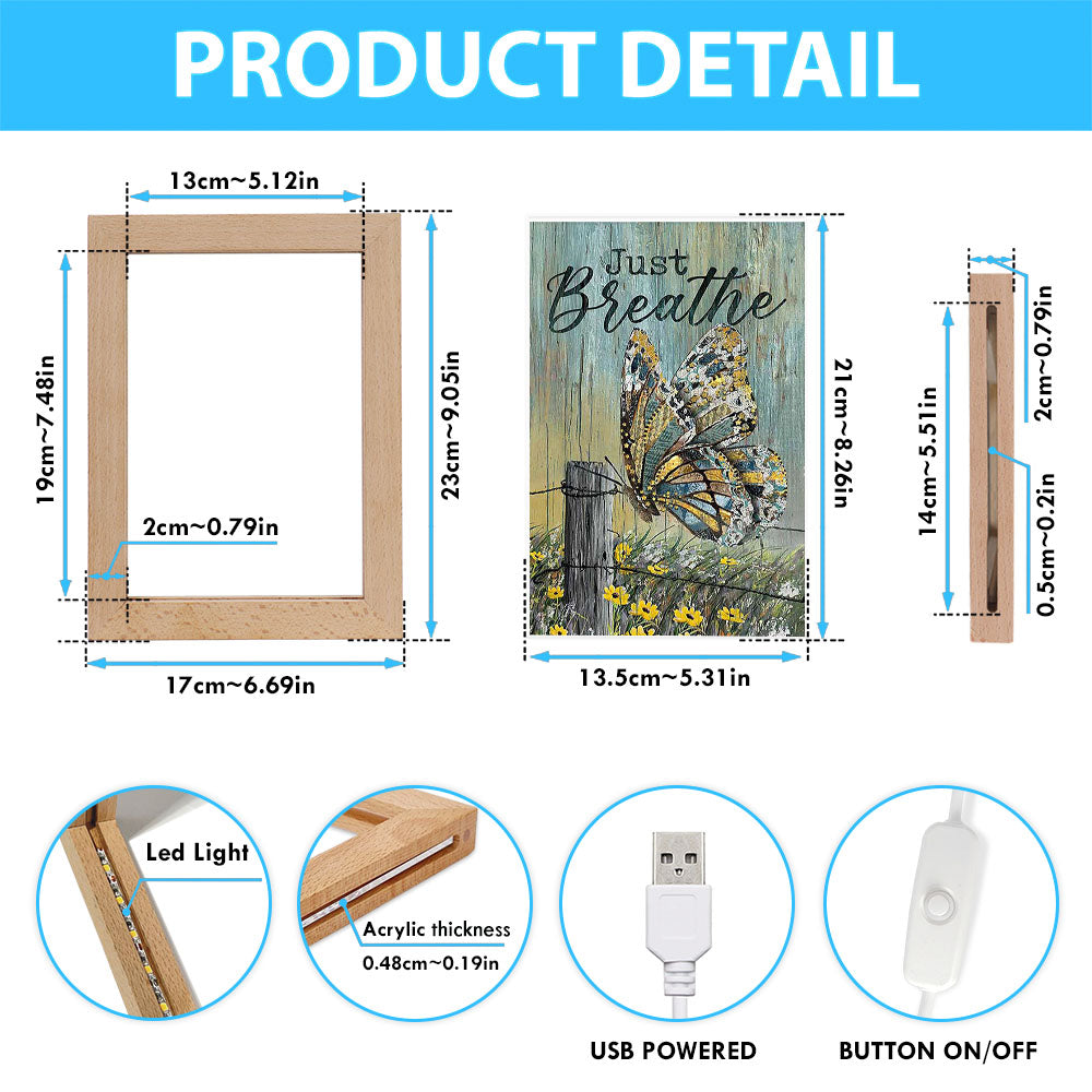 Just Breathe Butterfly Yellow Daisy Frame Lamp Art - Christian Night Light - Bible Verse Wooden Lamp