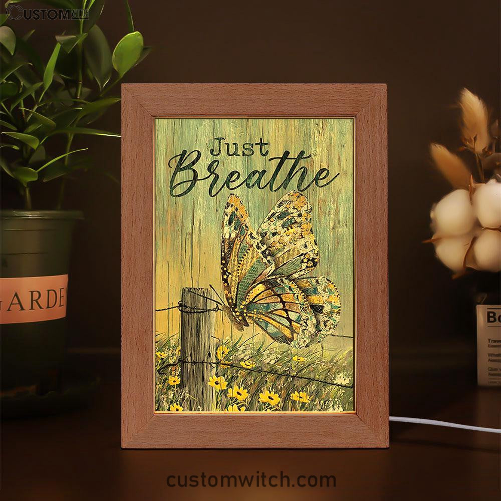 Just Breathe Butterfly Yellow Daisy Frame Lamp Art - Christian Night Light - Bible Verse Wooden Lamp