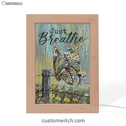 Just Breathe Butterfly Yellow Daisy Frame Lamp Art - Christian Night Light - Bible Verse Wooden Lamp
