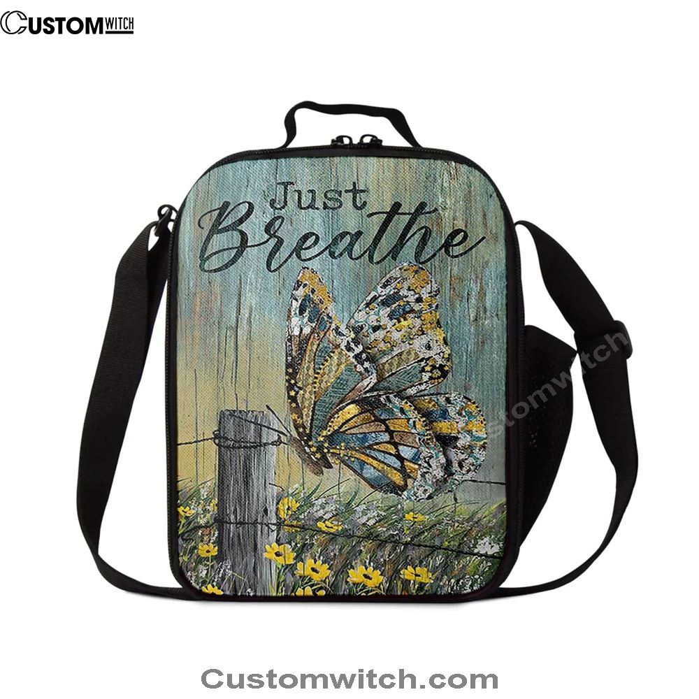 Just Breathe Butterfly Yellow Daisy Lunch Bag, Christian Lunch Box For School, Picnic