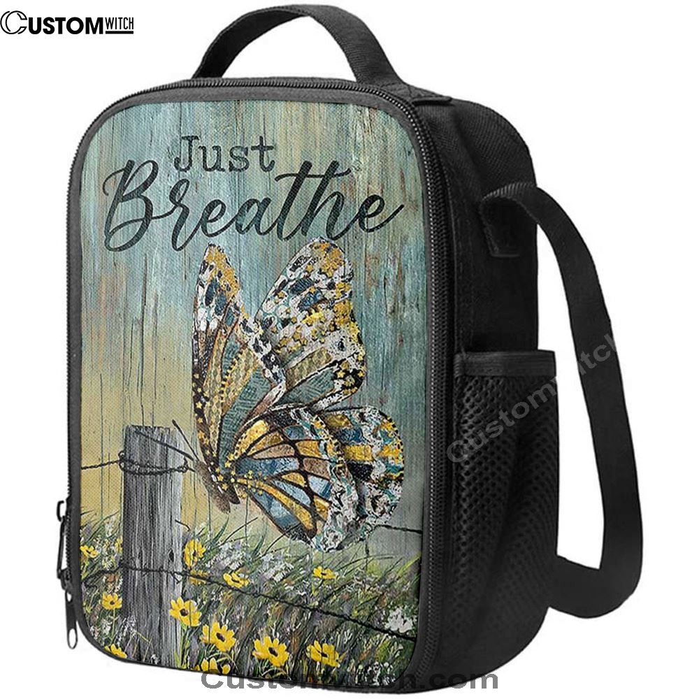 Just Breathe Butterfly Yellow Daisy Lunch Bag, Christian Lunch Box For School, Picnic