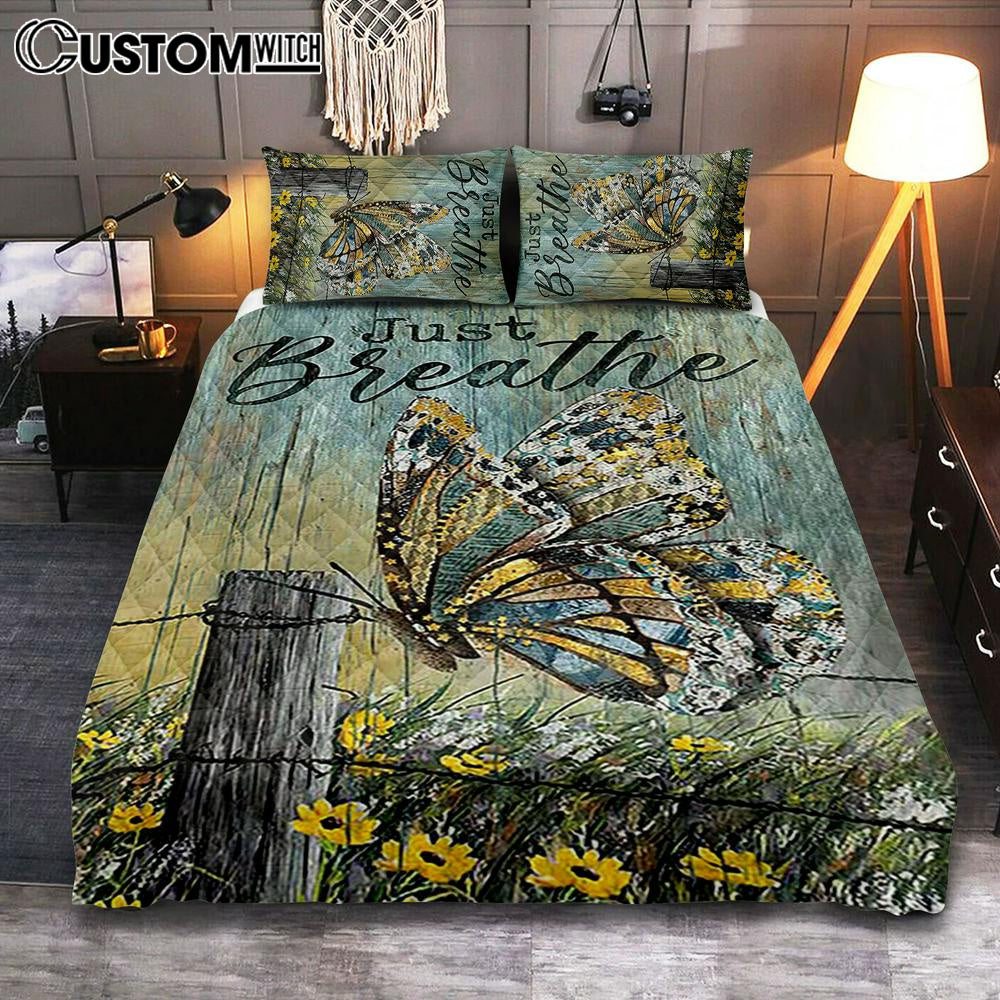 Just Breathe Butterfly Yellow Daisy Quilt Bedding Set Bedroom - Christian Quilt Bedding Set Prints - Bible Verse Quilt Bedding Set Art