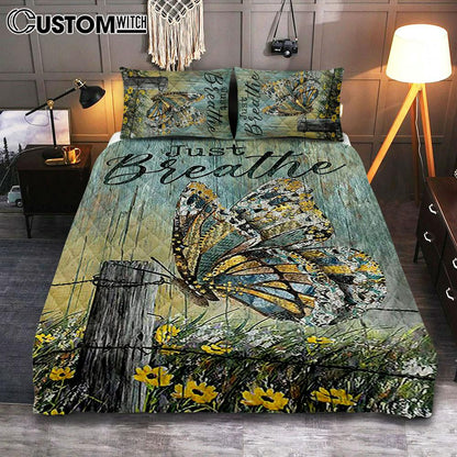 Just Breathe Butterfly Yellow Daisy Quilt Bedding Set Bedroom - Christian Quilt Bedding Set Prints - Bible Verse Quilt Bedding Set Art