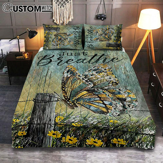 Just Breathe Butterfly Yellow Daisy Quilt Bedding Set Bedroom - Christian Quilt Bedding Set Prints - Bible Verse Quilt Bedding Set Art