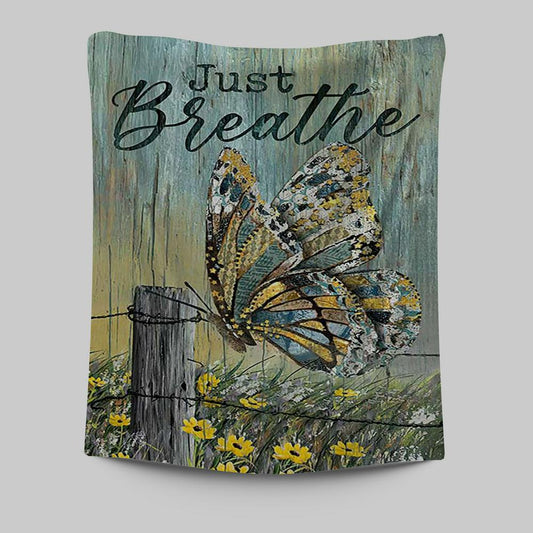 Just Breathe Butterfly Yellow Daisy Tapestry Wall Art - Christian Tapestries Prints - Bible Verse Tapestry Art