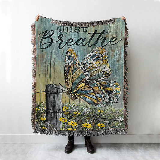 Just Breathe Butterfly Yellow Daisy Woven Throw Blanket - Christian Woven Blanket Prints - Bible Verse Woven Blanket Art
