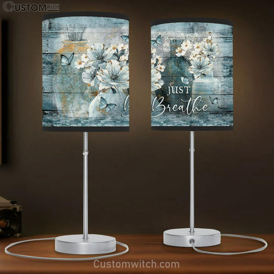 Just Breathe Camellia Blue Butterfly Table Lamb Art - Bible Verse Lamb Gift - Christian Bedroom Decor
