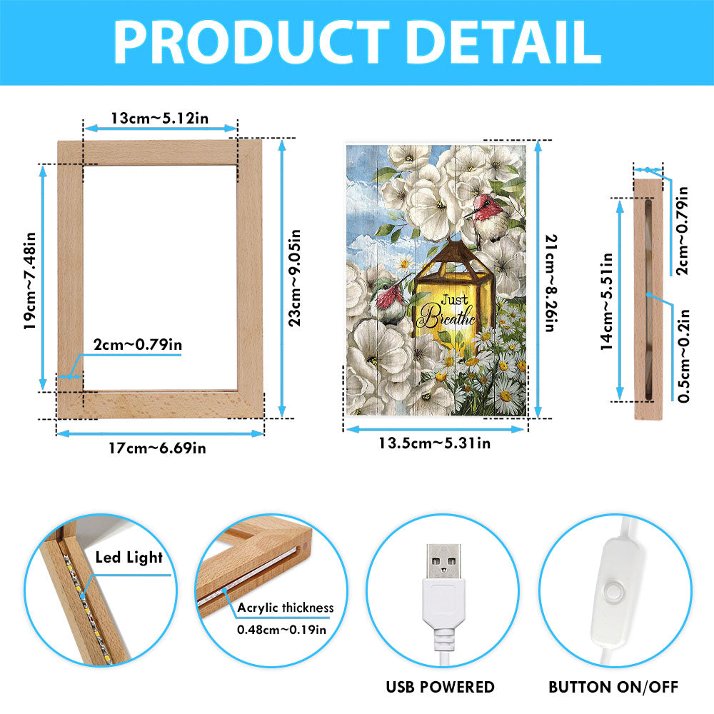 Just Breathe Camellia Forest Hummingbird Art Frame Lamp - Bible Verse Wooden Lamp - Christian Art Home Decor