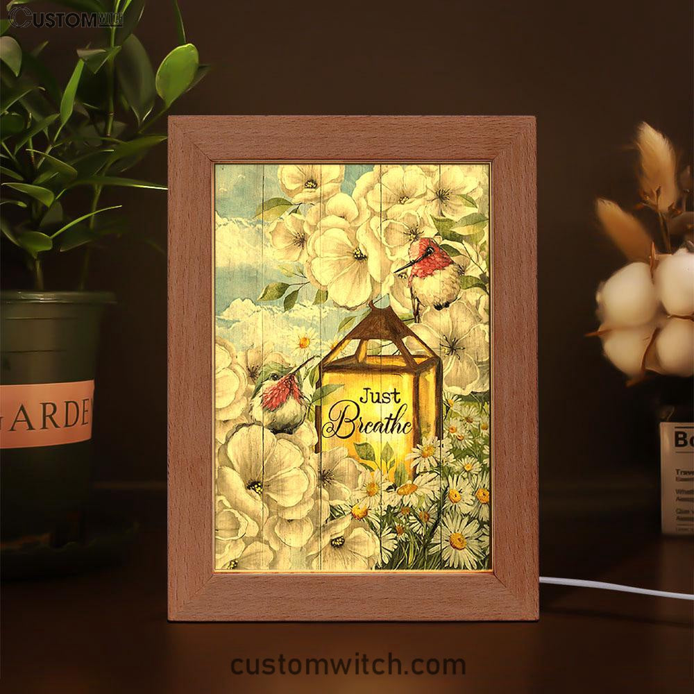 Just Breathe Camellia Forest Hummingbird Art Frame Lamp - Bible Verse Wooden Lamp - Christian Art Home Decor