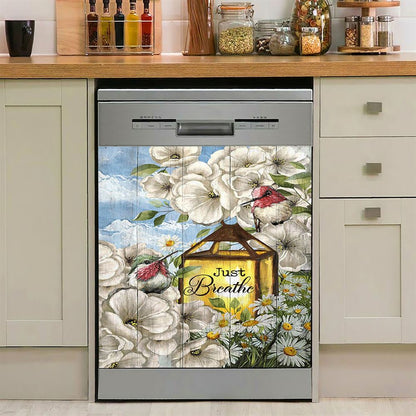 Just Breathe Camellia Forest Hummingbird Dishwasher Cover, Bible Verse Dishwasher Wrap, Christian Kitchen Decoration