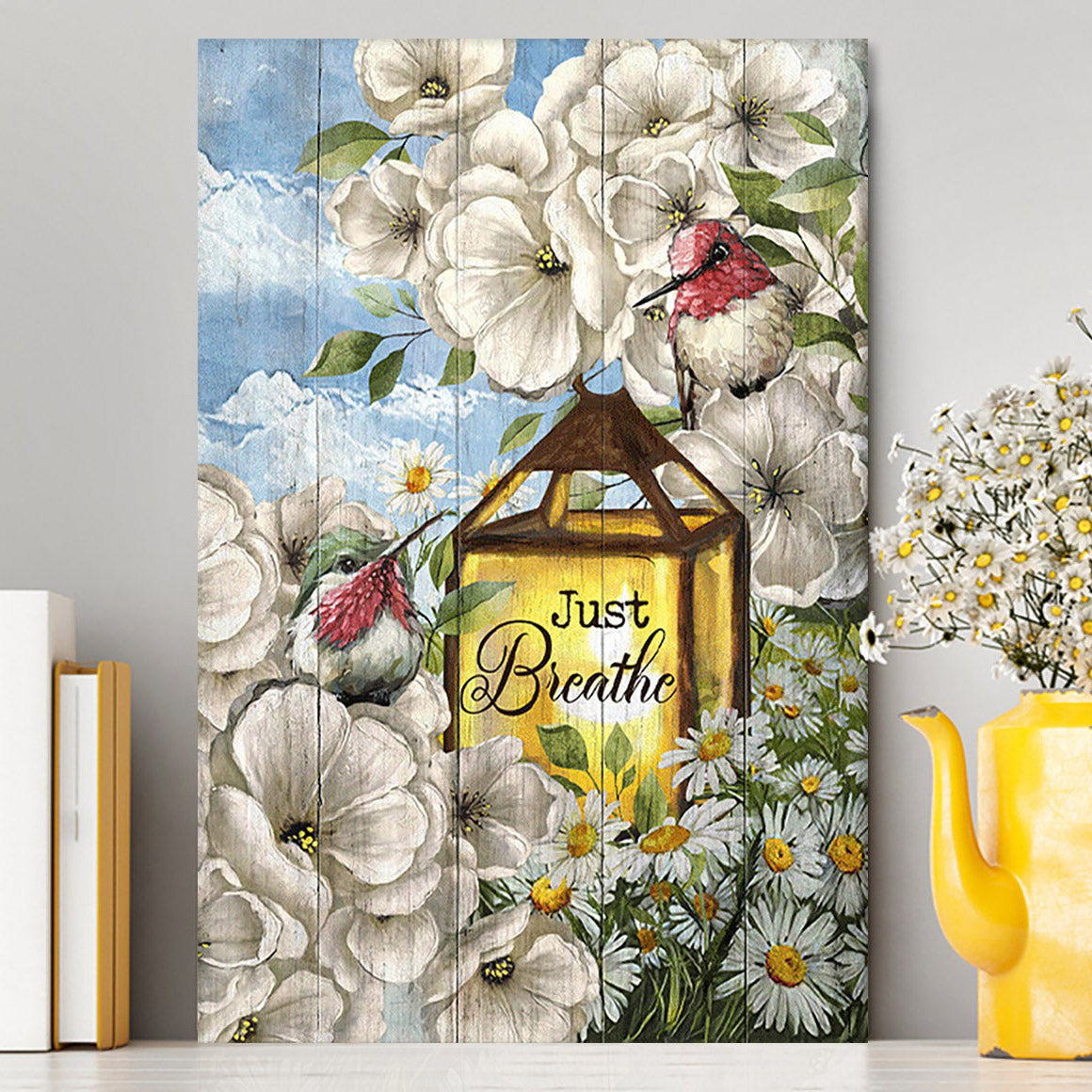 Just Breathe Camellia Forest Hummingbird Wall Art Canvas - Bible Verse Canvas Art - Christian Wall Art Home Decor