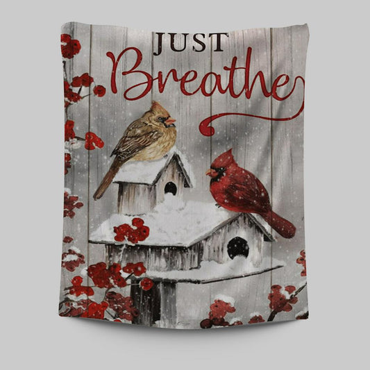 Just Breathe Cardinals Tapestry Prints - Christian Wall Decor - Bible Verse Tapestry Art