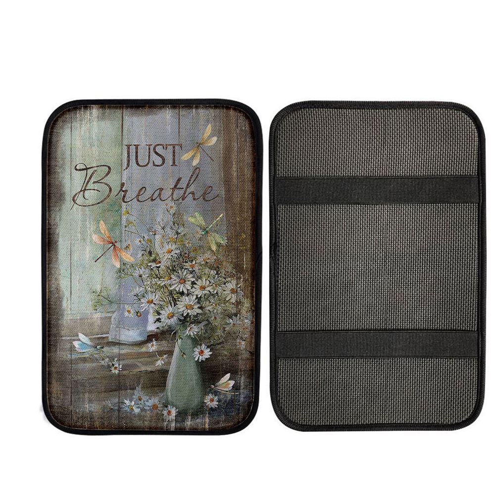 Just Breathe Daisy Flower Dragonfly Car Center Console Cover, Religious Car Interior Accessories