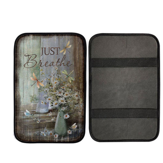 Just Breathe Daisy Flower Dragonfly Car Center Console Cover, Religious Car Interior Accessories