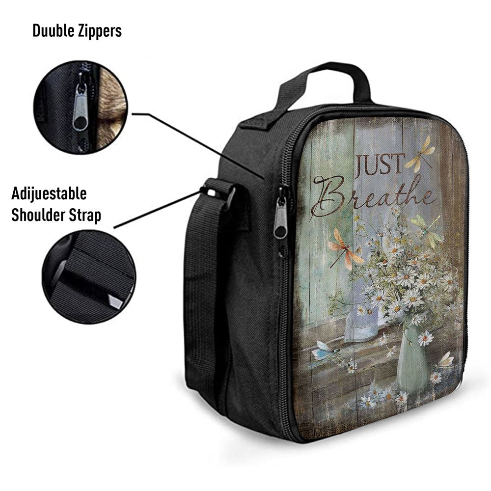 Just Breathe Daisy Flower Dragonfly Lunch Bag, Christian Lunch Box For School, Picnic