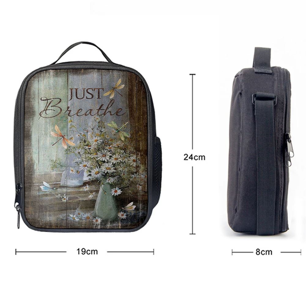 Just Breathe Daisy Flower Dragonfly Lunch Bag, Christian Lunch Box For School, Picnic
