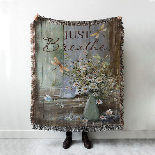 Just Breathe Daisy Flower Dragonfly Woven Blanket Art - Christian Art - Bible Verse Throw Blanket - Religious Home Decor
