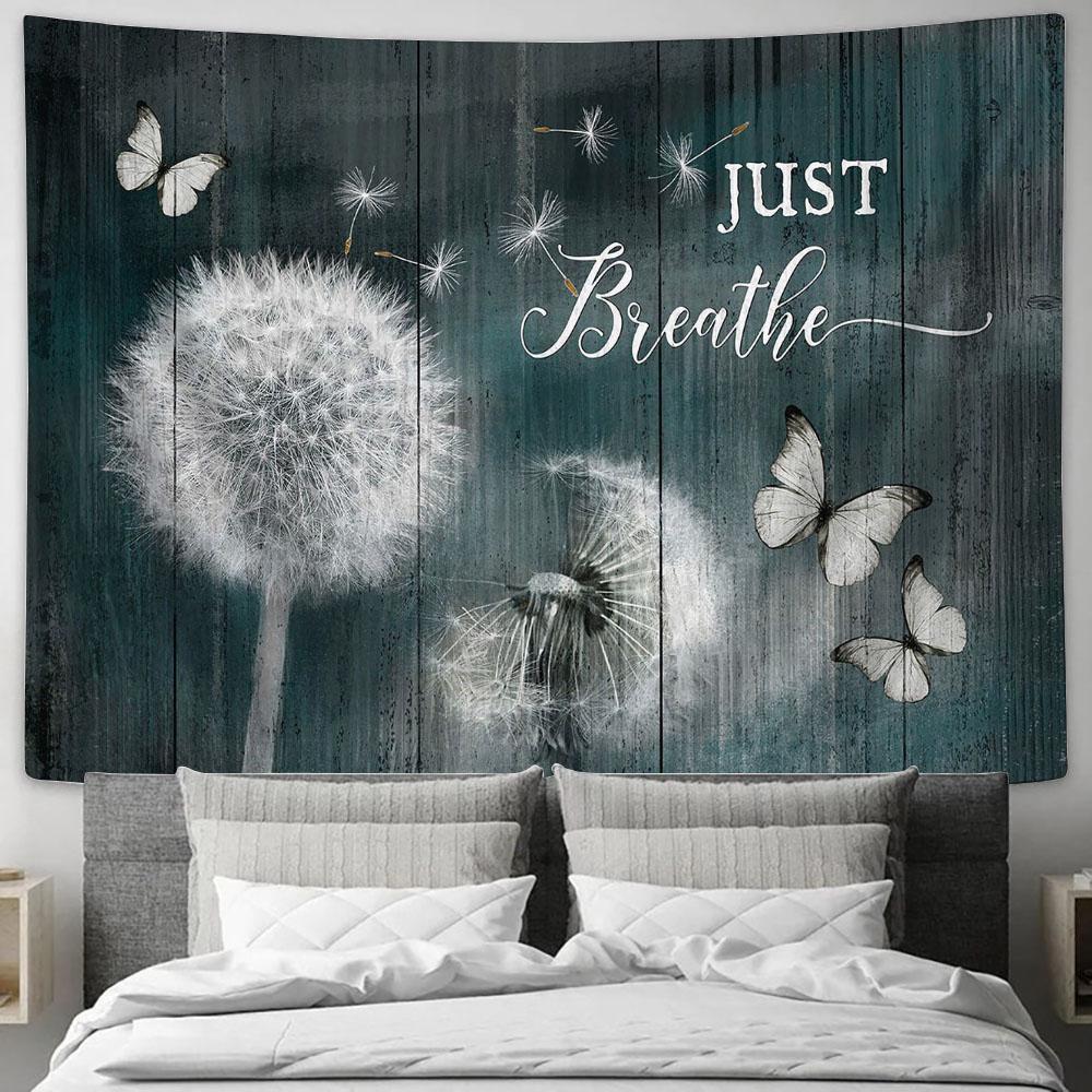 Just Breathe Dandelion Butterfly Tapestry Wall Art - Bible Verse Tapestry - Religious Tapestry Wall Hanging